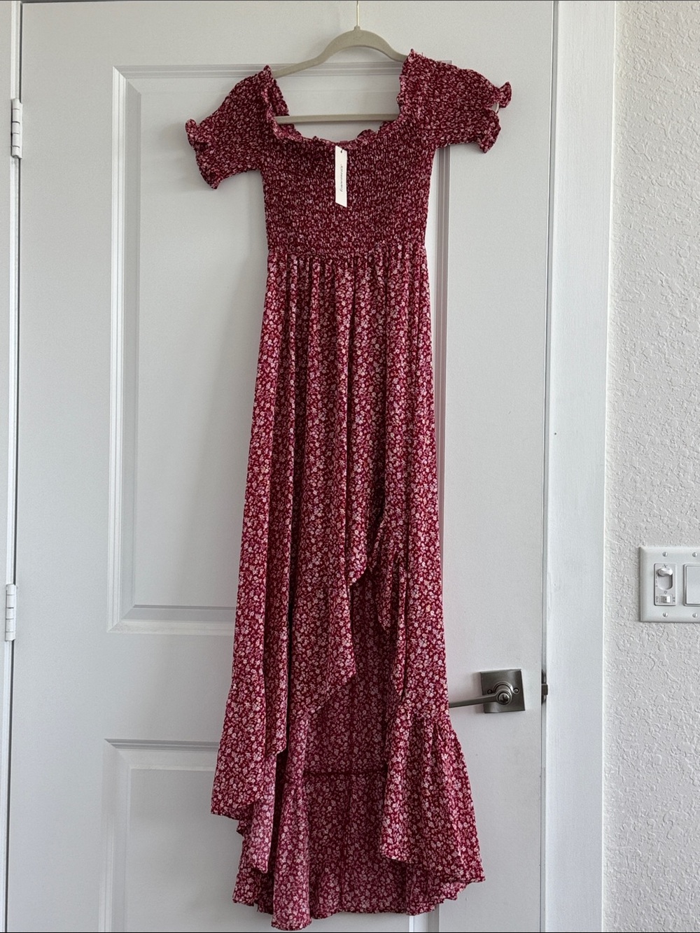 Smocked Floral Maxi Dress in Burgundy Pink